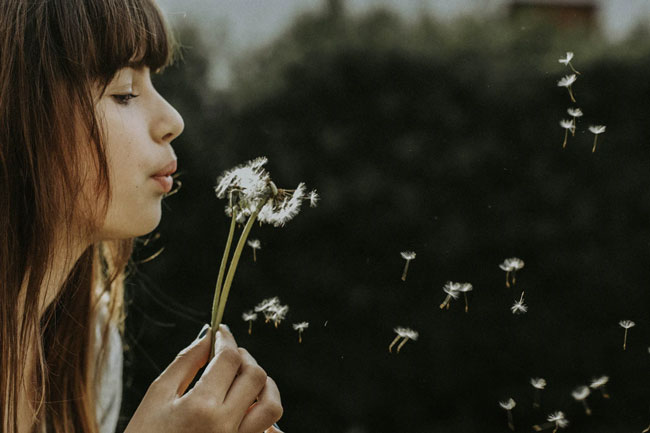 A woman blowing a dandelion puff, sending its spores into the air.